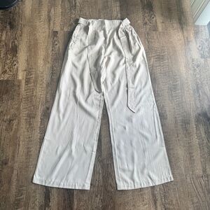 Wide Leg Tie-Waist Pants in Light Beige